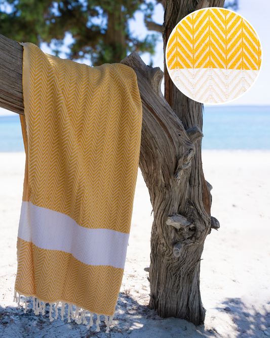 BALIK Hammam Towel, Beach Towel, Pestemal - Mustard / White